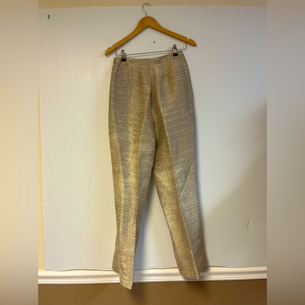 Silk Blend Faux Croc Textured Taupe Neutral 26” Waist Vintage Statement Trousers